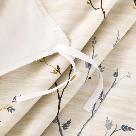 Cotton Duvet Cover Set - 100% Egyptian Cotton Cream Branch Print Bedding Set Queen Size - 1200 Thread Count Breathable and Textured Duvet Cover Set for All Seasons(Queen, 90x90'')