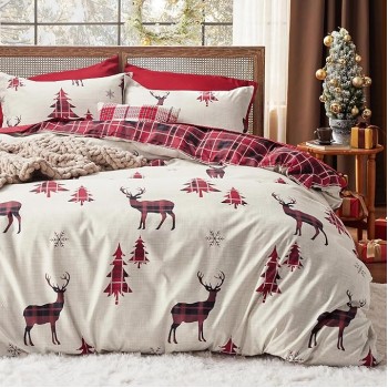 Christmas Duvet Cover Queen - Christmas Bedding Queen Size, Reversible Buffalo Check Printed Christmas Plaid Duvet Cover, Includes 1 Duvet Cover and 2 Pillow Shams (Queen, Reindeer)