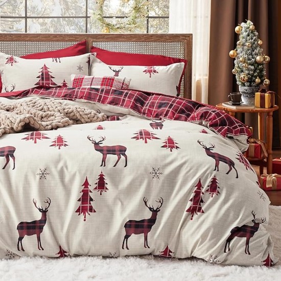 Christmas Duvet Cover Queen - Christmas Bedding Queen Size, Reversible Buffalo Check Printed Christmas Plaid Duvet Cover, Includes 1 Duvet Cover and 2 Pillow Shams (Queen, Reindeer)