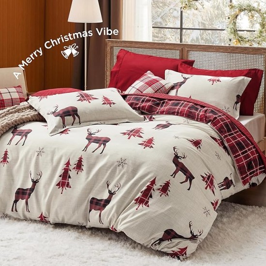 Christmas Duvet Cover Queen - Christmas Bedding Queen Size, Reversible Buffalo Check Printed Christmas Plaid Duvet Cover, Includes 1 Duvet Cover and 2 Pillow Shams (Queen, Reindeer)