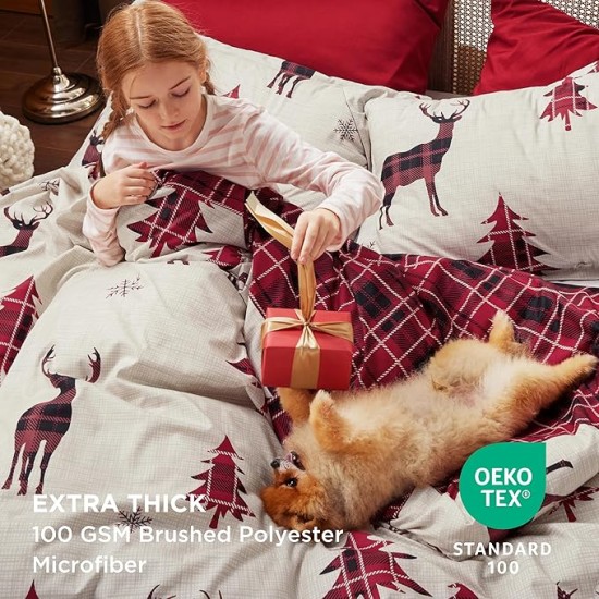 Christmas Duvet Cover Queen - Christmas Bedding Queen Size, Reversible Buffalo Check Printed Christmas Plaid Duvet Cover, Includes 1 Duvet Cover and 2 Pillow Shams (Queen, Reindeer)
