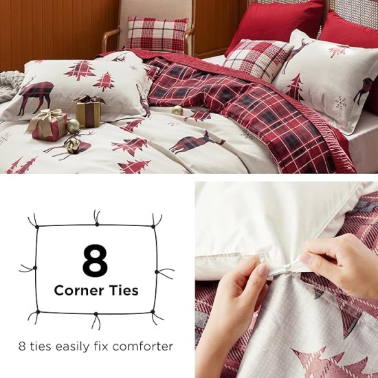 Christmas Duvet Cover Queen - Christmas Bedding Queen Size, Reversible Buffalo Check Printed Christmas Plaid Duvet Cover, Includes 1 Duvet Cover and 2 Pillow Shams (Queen, Reindeer)