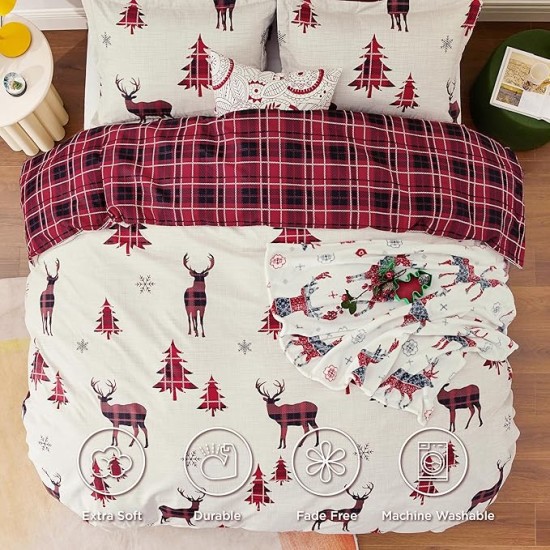 Christmas Duvet Cover Queen - Christmas Bedding Queen Size, Reversible Buffalo Check Printed Christmas Plaid Duvet Cover, Includes 1 Duvet Cover and 2 Pillow Shams (Queen, Reindeer)