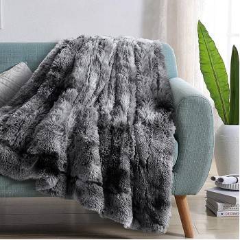 Soft Faux Fur and Sherpa Shaggy Throw Blanket,Reversible Warm Thick Fleece Fuzzy Shag Throws, Luxury Furry Plush Fluffy Decorative Cozy Blankets for Couch Sofa Bed Chair(Tie Dye Grey,Twin)