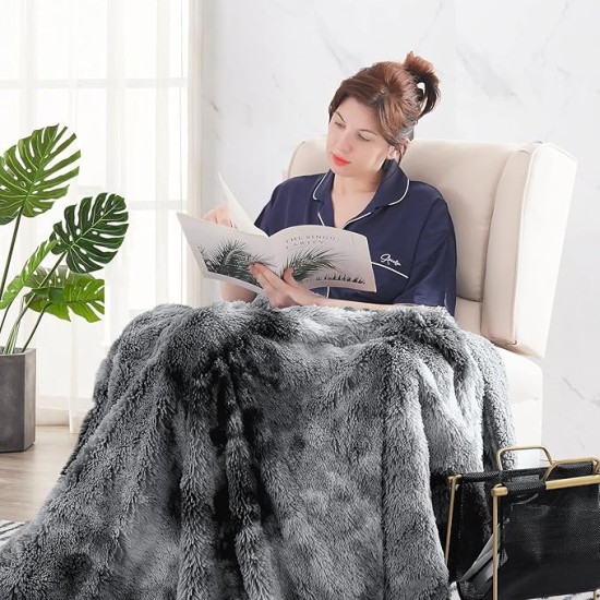 Soft Faux Fur and Sherpa Shaggy Throw Blanket,Reversible Warm Thick Fleece Fuzzy Shag Throws, Luxury Furry Plush Fluffy Decorative Cozy Blankets for Couch Sofa Bed Chair(Tie Dye Grey,Twin)
