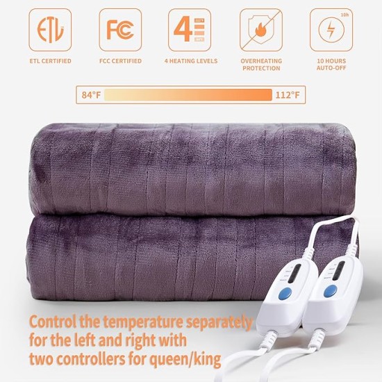 JET'S HOME Heated Blanket Queen 84"x90" - ETL&FCC Certified Flannel Electric Blanket Machine Washable Heating Blanket with 4 Heating Levels 10 Hours Auto-Off Overheating Protection (Purple)