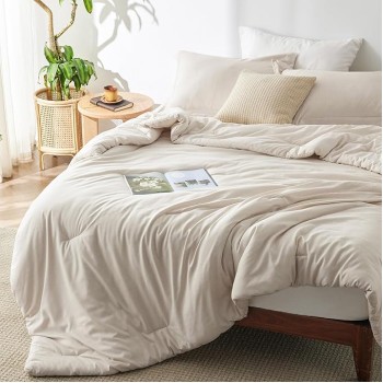 Queen Comforter Set - Beige Comforter Queen Size, Soft Bedding for All Seasons, Cationic Dyed Bedding Set, 3 Pieces, 1 Comforter (90"x90") and 2 Pillow Shams (20"x26"+2")