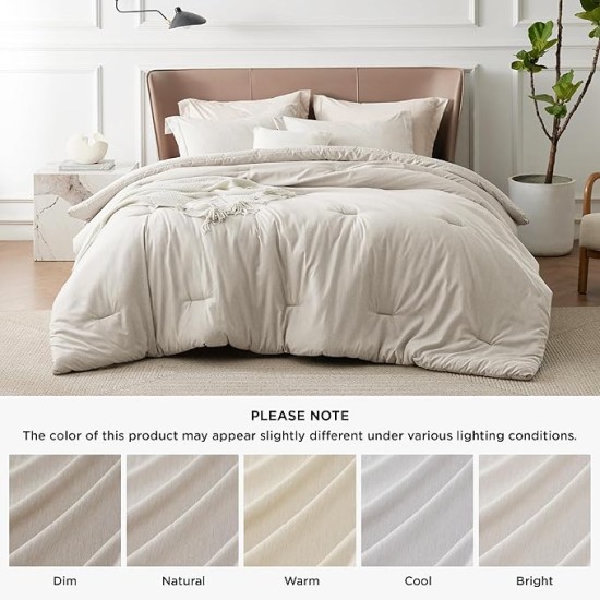Queen Comforter Set - Beige Comforter Queen Size, Soft Bedding for All Seasons, Cationic Dyed Bedding Set, 3 Pieces, 1 Comforter (90"x90") and 2 Pillow Shams (20"x26"+2")