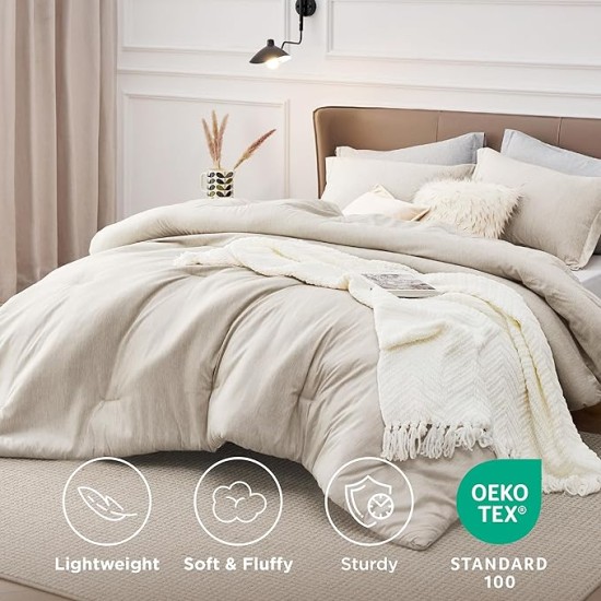 Queen Comforter Set - Beige Comforter Queen Size, Soft Bedding for All Seasons, Cationic Dyed Bedding Set, 3 Pieces, 1 Comforter (90"x90") and 2 Pillow Shams (20"x26"+2")
