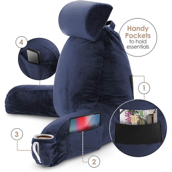 Reading Pillow with Portable Laptop Lap Desk, Velvet Feel Back Pillow for Sitting in Bed, Shredded Memory Foam Back Support Pillow for Bed, Bed Rest Pillow with Arms, Large - Navy