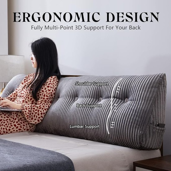 Large Headboard Wedge Pillow Bed Rest Reading Pillow Bolster Triangular Pillow for Sitting in Bed-Backrest Positioning Support Long Pillow for Daybed (Queen:59x8x20 Inches,Grey)