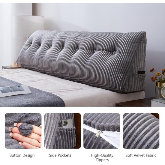 Large Headboard Wedge Pillow Bed Rest Reading Pillow Bolster Triangular Pillow for Sitting in Bed-Backrest Positioning Support Long Pillow for Daybed (Queen:59x8x20 Inches,Grey)