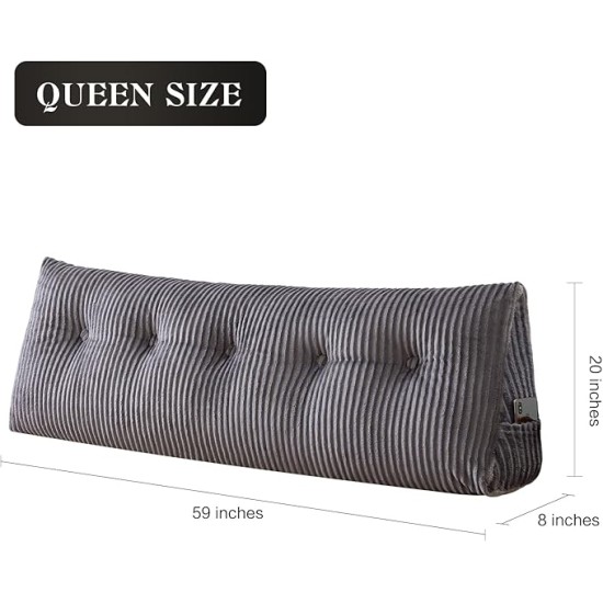 Large Headboard Wedge Pillow Bed Rest Reading Pillow Bolster Triangular Pillow for Sitting in Bed-Backrest Positioning Support Long Pillow for Daybed (Queen:59x8x20 Inches,Grey)