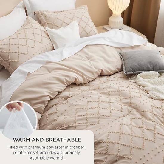 Queen Comforter Set - Warm Tan Boho Tufted Shabby Chic Bedding Comforter Set, 3 Pieces Vintage Farmhouse Bed Set for All Seasons, Fluffy Soft Bedding Set with 2 Pillow Shams