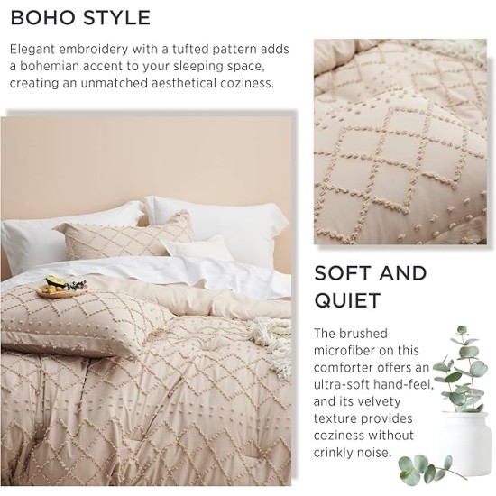 Queen Comforter Set - Warm Tan Boho Tufted Shabby Chic Bedding Comforter Set, 3 Pieces Vintage Farmhouse Bed Set for All Seasons, Fluffy Soft Bedding Set with 2 Pillow Shams