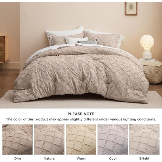 Queen Comforter Set - Warm Tan Boho Tufted Shabby Chic Bedding Comforter Set, 3 Pieces Vintage Farmhouse Bed Set for All Seasons, Fluffy Soft Bedding Set with 2 Pillow Shams