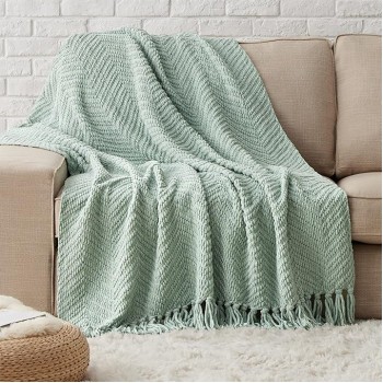 Sage Green Throw Blanket for Couch – Versatile Knit Woven Chenille Blanket for Chair, Super Soft, Warm & Decorative Blanket with Tassels for Bed, Sofa and Living Room (Sage Green, Throw)