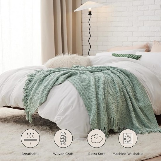 Sage Green Throw Blanket for Couch – Versatile Knit Woven Chenille Blanket for Chair, Super Soft, Warm & Decorative Blanket with Tassels for Bed, Sofa and Living Room (Sage Green, Throw)