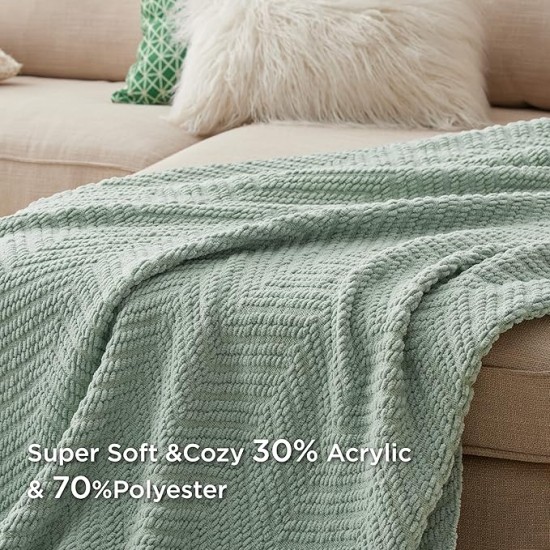 Sage Green Throw Blanket for Couch – Versatile Knit Woven Chenille Blanket for Chair, Super Soft, Warm & Decorative Blanket with Tassels for Bed, Sofa and Living Room (Sage Green, Throw)