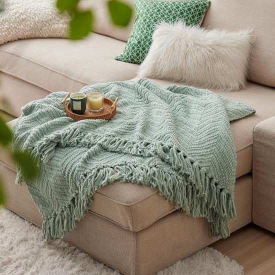 Sage Green Throw Blanket for Couch – Versatile Knit Woven Chenille Blanket for Chair, Super Soft, Warm & Decorative Blanket with Tassels for Bed, Sofa and Living Room (Sage Green, Throw)