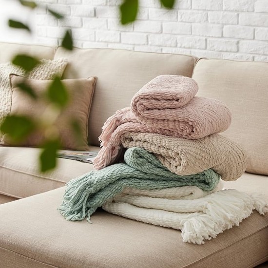 Sage Green Throw Blanket for Couch – Versatile Knit Woven Chenille Blanket for Chair, Super Soft, Warm & Decorative Blanket with Tassels for Bed, Sofa and Living Room (Sage Green, Throw)