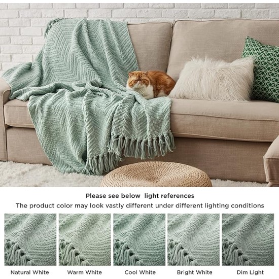 Sage Green Throw Blanket for Couch – Versatile Knit Woven Chenille Blanket for Chair, Super Soft, Warm & Decorative Blanket with Tassels for Bed, Sofa and Living Room (Sage Green, Throw)