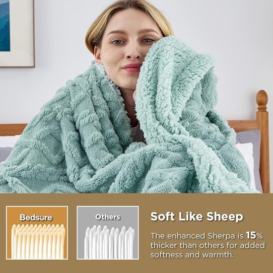 Sherpa Queen Size Blanket for Bed - Fuzzy Soft Cozy Blanket Queen Size, Fleece Thick Warm Blanket for Winter, Sage Green, 90x90 Inches