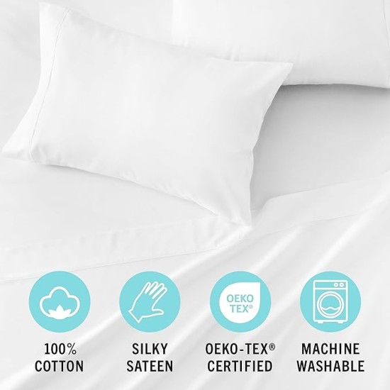 MARTHA STEWART 100% Cotton King Sheet Set - 4 Piece, Soft, Smooth, Durable, Easy Care, 16" Deep Pocket Sheets, Bedding Sheets, Sateen Sheet, 1 Flat, 1 Fitted, 2 Pillowcases, White