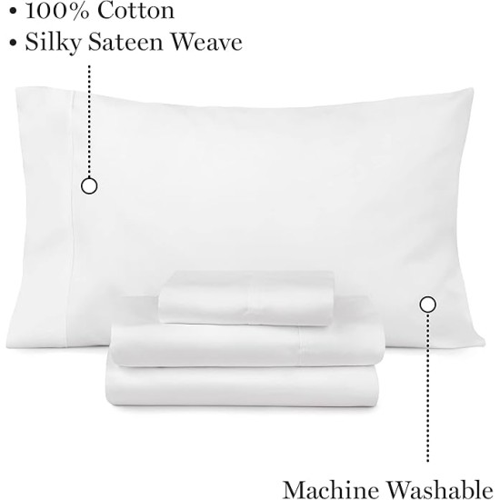 MARTHA STEWART 100% Cotton King Sheet Set - 4 Piece, Soft, Smooth, Durable, Easy Care, 16" Deep Pocket Sheets, Bedding Sheets, Sateen Sheet, 1 Flat, 1 Fitted, 2 Pillowcases, White