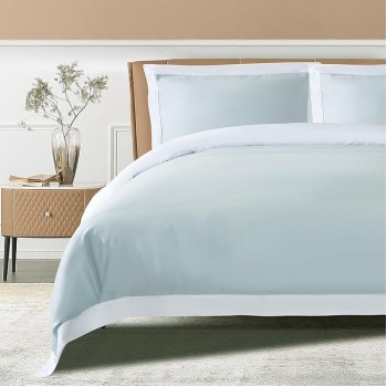 100% Luxury Long-Staple Cotton Duvet Cover Set - Soft & Breathable, Queen Size, Misty Blue + White (1 Duvet Cover with Corner Ties & Hidden Zipper, 2 Pillow Shams)