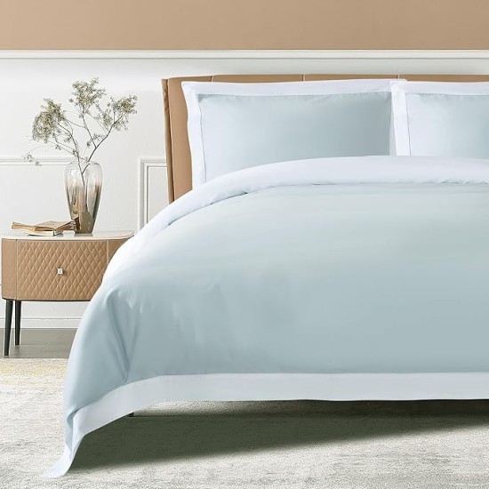 100% Luxury Long-Staple Cotton Duvet Cover Set - Soft & Breathable, Queen Size, Misty Blue + White (1 Duvet Cover with Corner Ties & Hidden Zipper, 2 Pillow Shams)
