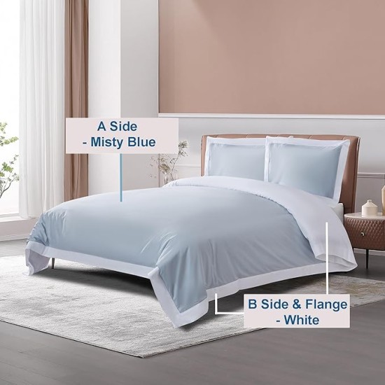 100% Luxury Long-Staple Cotton Duvet Cover Set - Soft & Breathable, Queen Size, Misty Blue + White (1 Duvet Cover with Corner Ties & Hidden Zipper, 2 Pillow Shams)