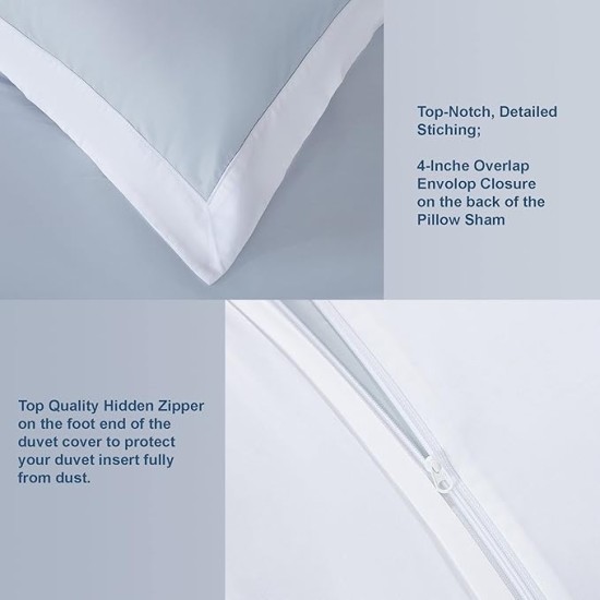 100% Luxury Long-Staple Cotton Duvet Cover Set - Soft & Breathable, Queen Size, Misty Blue + White (1 Duvet Cover with Corner Ties & Hidden Zipper, 2 Pillow Shams)