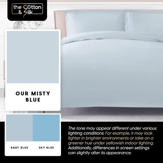 100% Luxury Long-Staple Cotton Duvet Cover Set - Soft & Breathable, Queen Size, Misty Blue + White (1 Duvet Cover with Corner Ties & Hidden Zipper, 2 Pillow Shams)