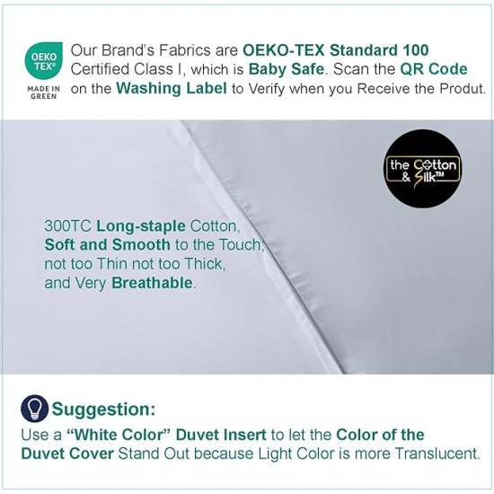 100% Luxury Long-Staple Cotton Duvet Cover Set - Soft & Breathable, Queen Size, Misty Blue + White (1 Duvet Cover with Corner Ties & Hidden Zipper, 2 Pillow Shams)