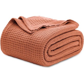 100% Cotton Blanket King Size for Bed - Waffle Weave Fall Blanket, Lightweight and Breathable Soft Woven Blanket for Summer, Red Orange, 104x90 inches