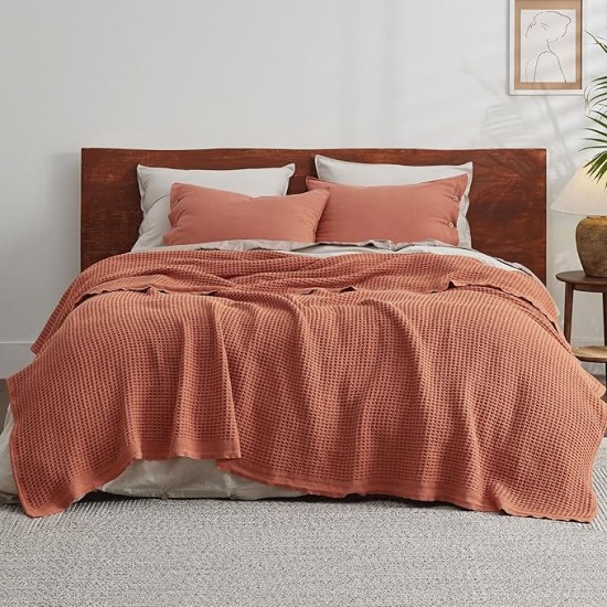 100% Cotton Blanket King Size for Bed - Waffle Weave Fall Blanket, Lightweight and Breathable Soft Woven Blanket for Summer, Red Orange, 104x90 inches