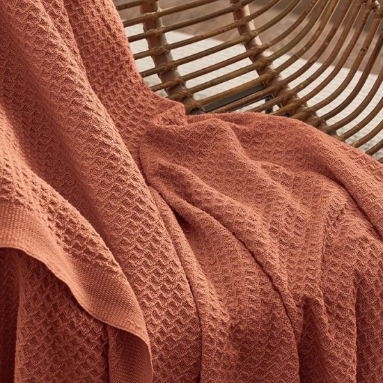 100% Cotton Blanket King Size for Bed - Waffle Weave Fall Blanket, Lightweight and Breathable Soft Woven Blanket for Summer, Red Orange, 104x90 inches
