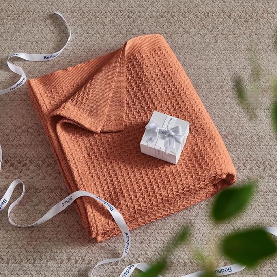 100% Cotton Blanket King Size for Bed - Waffle Weave Fall Blanket, Lightweight and Breathable Soft Woven Blanket for Summer, Red Orange, 104x90 inches