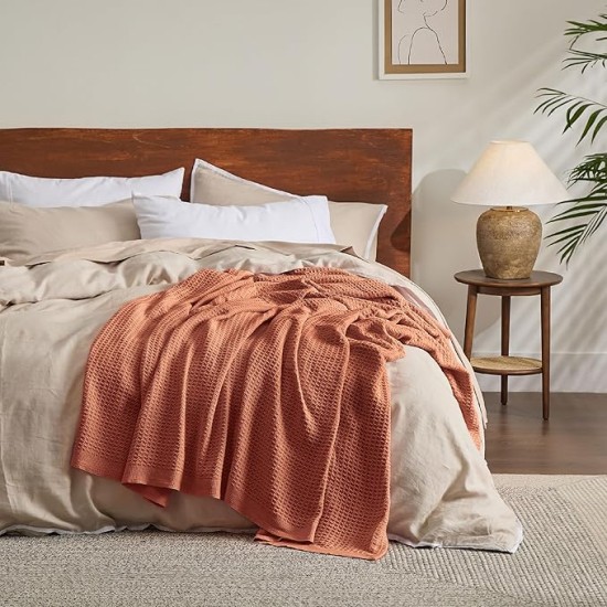 100% Cotton Blanket King Size for Bed - Waffle Weave Fall Blanket, Lightweight and Breathable Soft Woven Blanket for Summer, Red Orange, 104x90 inches