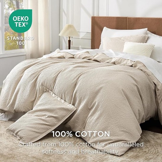 Cotton Duvet Cover King - 100% Cotton Waffle Weave Beige Duvet Cover Set, Soft and Breathable King Duvet Cover Set for All Season (King, 104"x90")