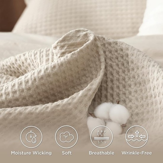 Cotton Duvet Cover King - 100% Cotton Waffle Weave Beige Duvet Cover Set, Soft and Breathable King Duvet Cover Set for All Season (King, 104"x90")