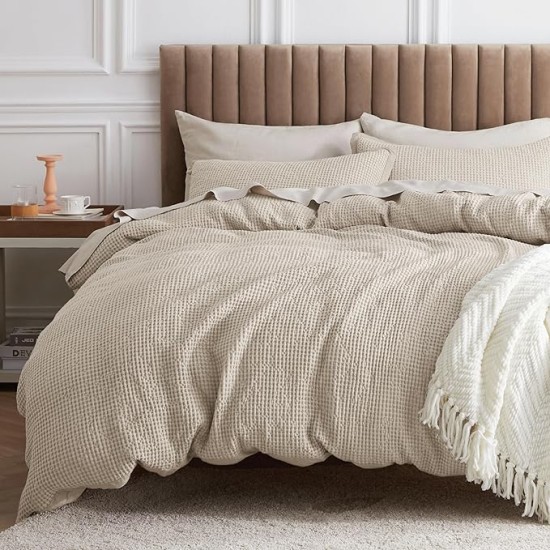 Cotton Duvet Cover King - 100% Cotton Waffle Weave Beige Duvet Cover Set, Soft and Breathable King Duvet Cover Set for All Season (King, 104"x90")