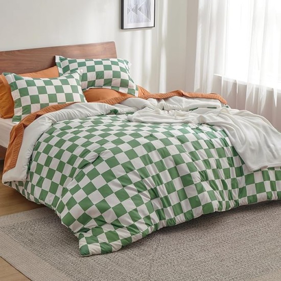Comforter Set Queen Size - Checkered Bedding Comforter Set for Boys, 3 Pieces, 1 Soft Green Comforter and 2 Pillow Shams