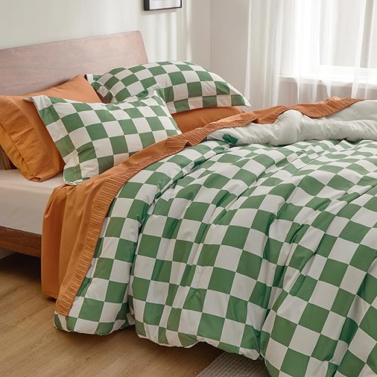 Comforter Set Queen Size - Checkered Bedding Comforter Set for Boys, 3 Pieces, 1 Soft Green Comforter and 2 Pillow Shams