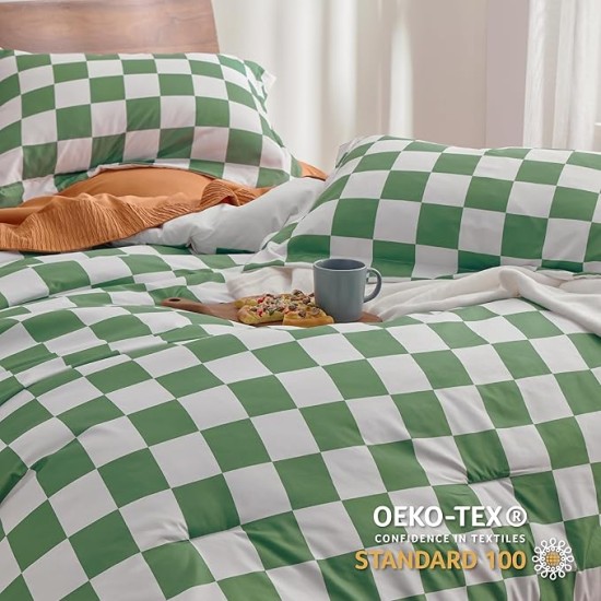 Comforter Set Queen Size - Checkered Bedding Comforter Set for Boys, 3 Pieces, 1 Soft Green Comforter and 2 Pillow Shams