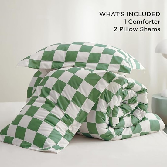 Comforter Set Queen Size - Checkered Bedding Comforter Set for Boys, 3 Pieces, 1 Soft Green Comforter and 2 Pillow Shams