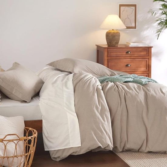 100% Washed Cotton Duvet Cover Queen - Warm Sand Minimalist Duvet Cover Set Linen Like - 3 Pieces Plain Simple Duvet Cover Set Gifts for Her (Warm Sand, Queen, 90"x90")