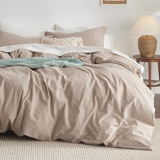 100% Washed Cotton Duvet Cover Queen - Warm Sand Minimalist Duvet Cover Set Linen Like - 3 Pieces Plain Simple Duvet Cover Set Gifts for Her (Warm Sand, Queen, 90"x90")