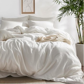 100% Washed Cotton Duvet Cover Queen Size - Natural White Minimalist Duvet Cover for All Seasons - 3 Pieces Plain Simple Cotton Duvet Cover Set with 2 Pillow Shams (White, Queen, 90"x90")